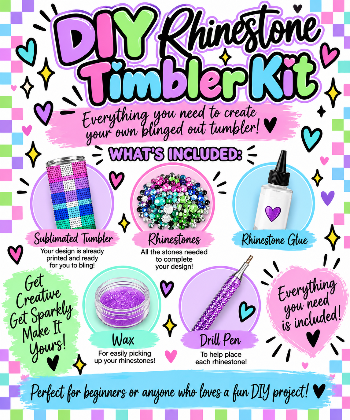 Colorful Gingham Rhinestone Tumbler Kit