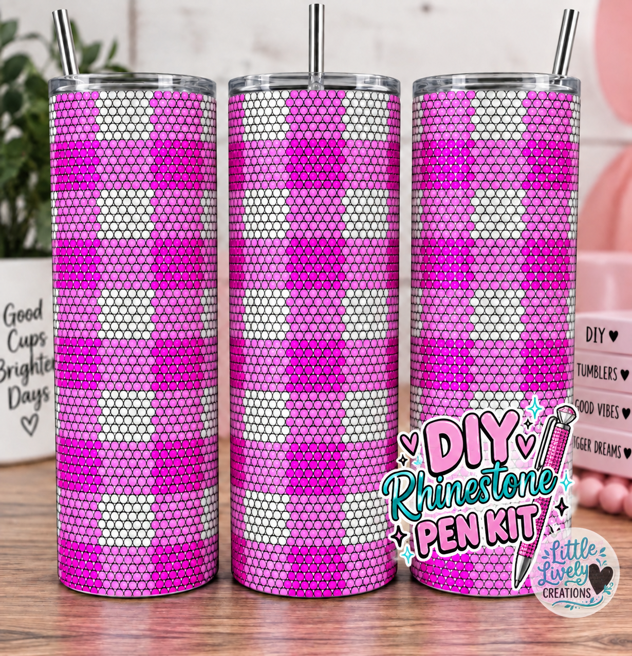 Pink Gingham Rhinestone Tumbler Kit