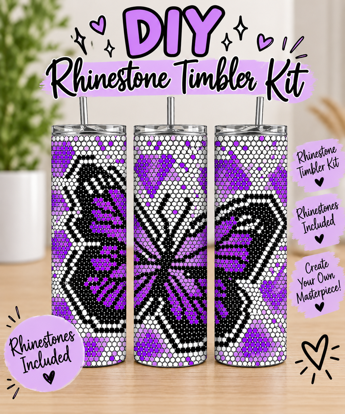 Purple Butterfly Rhinestone Tumbler Kit