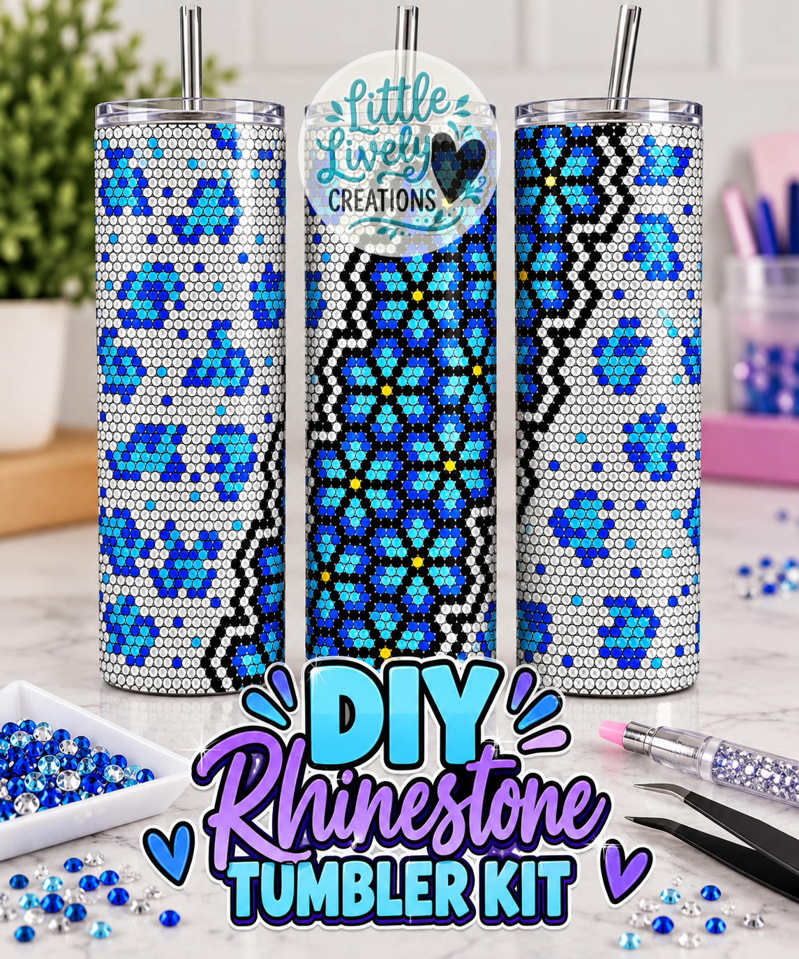 Blue Cheetah Floral Rhinestone Tumbler Kit
