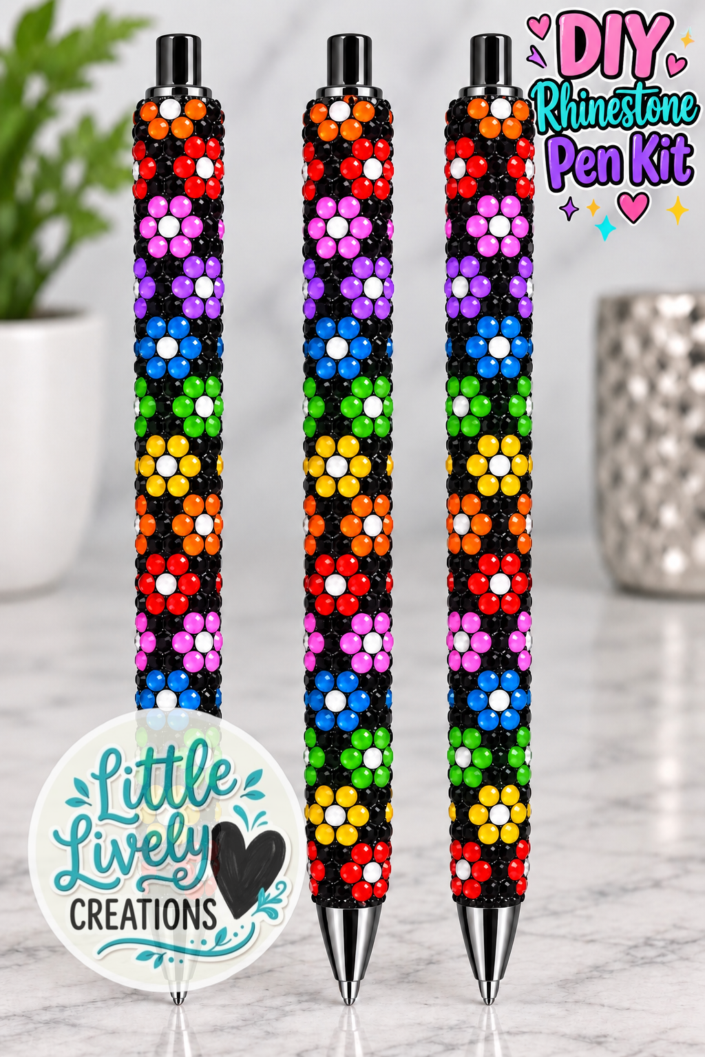 Rainbow Hearts Black Rhinestone Pen Kit